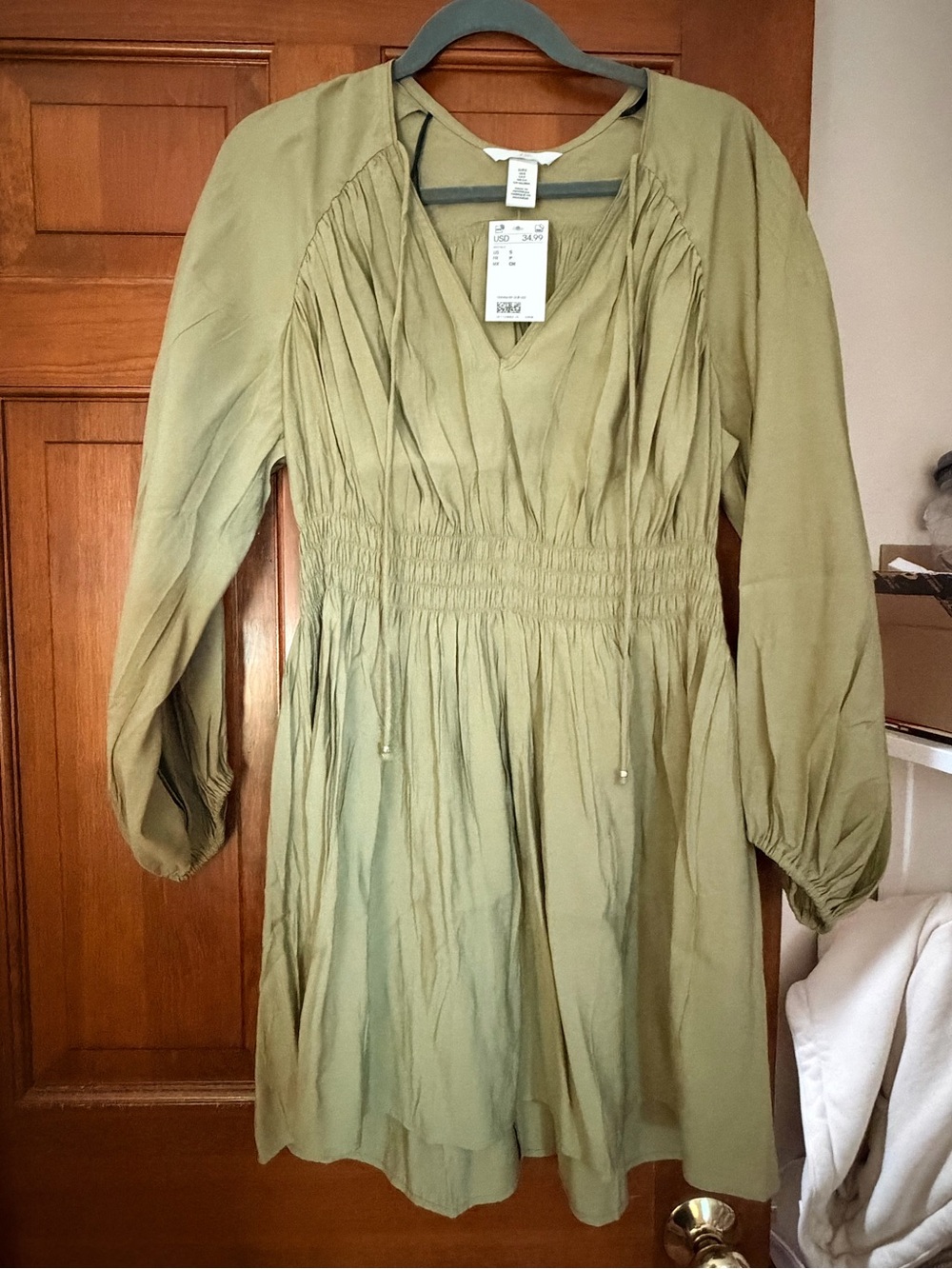 H&M Olive Green Long-Sleeve Smocked Waist Dress